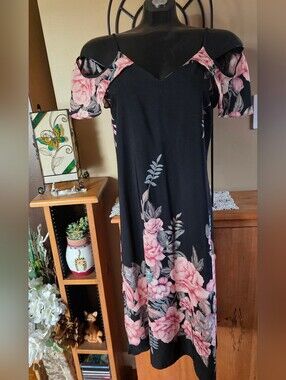 Monteau Black Cold Shoulder Slip Midi Dress with Pink Roses Floral Print Size S